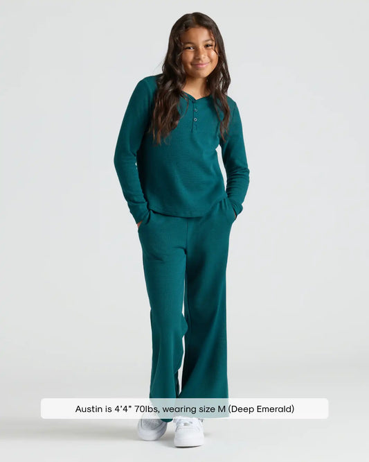 Girls Deep Emerald Waffle Long Sleeve Henley & Waffle Leg Pants 2-Pack