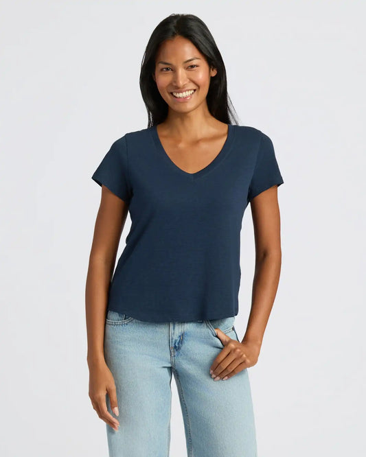 Womens Navy Relaxed Slub V-Neck Tee
