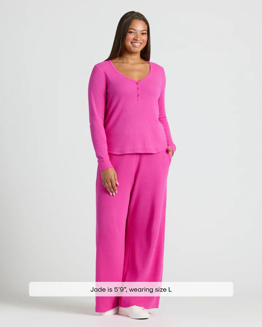 Womens Electric Fuchsia Waffle Long Sleeve Henley & Waffle Leg Pant 2-Pack
