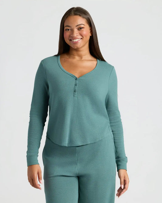 Womens Stormcloud Waffle Long Sleeve Boxy Henley