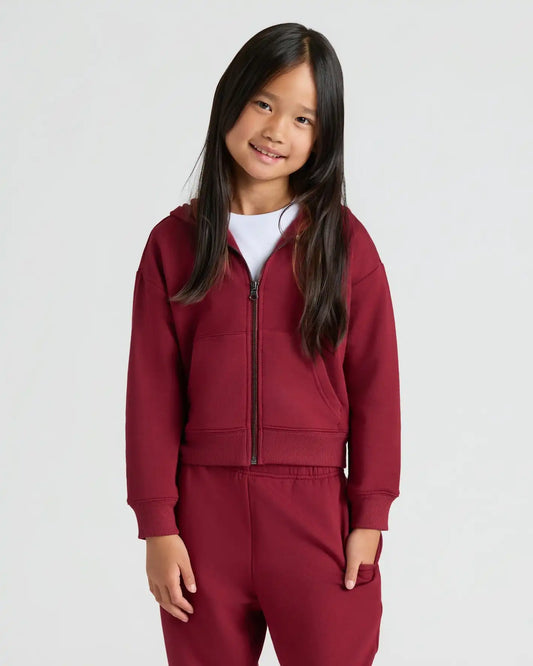 Girls Dark Maroon Cropped Zip Hoodie