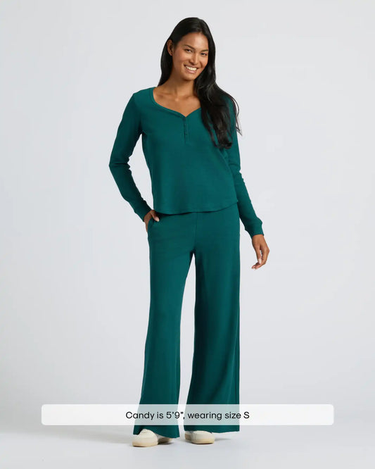 Womens Deep Emerald Waffle Long Sleeve Henley & Waffle Leg Pant 2-Pack